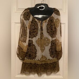 CACHE Baroque Scroll Print Silk Top, Blouse, Shirt. Size Sm/Md
